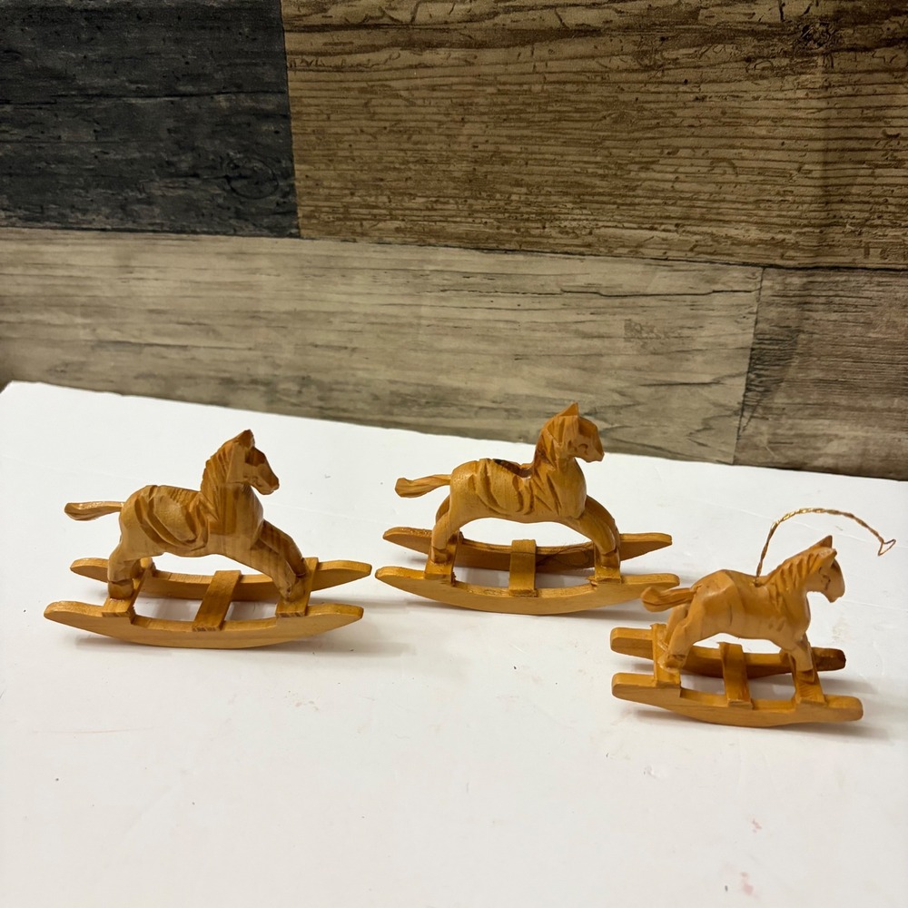 Vintage Hand Carved Wooden Rocking Horse Figurine Ornament Set of 3 Rustic Decor